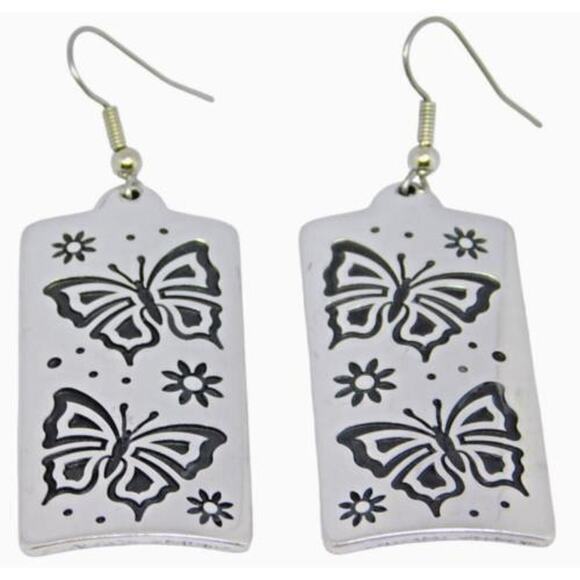 Engraved Butterfly Earrings Rectangle Shaped Textured Silver Tone French Hook - Picture 1 of 6